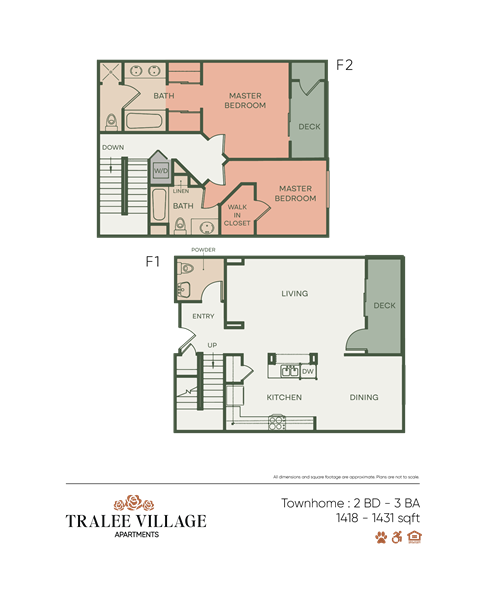 Floor plan for 2 beds, 2.5 baths, 1419 sqft